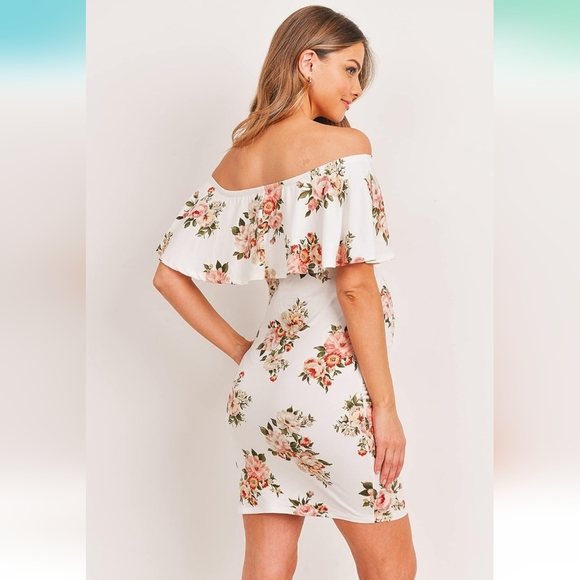 Floral Ruffle Off Shoulder Maternity Dress. - Picture 2 of 9